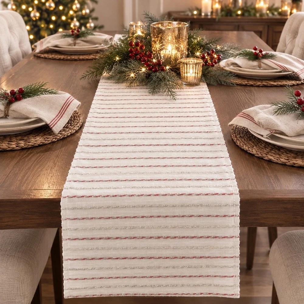 Christmas Runner Rug Ivory Red Silver Metallic Striped Woven Cotton Fringe Home